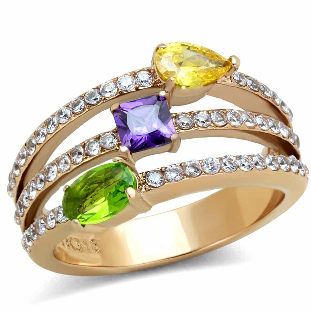 Stainless Steel Rose Gold Multi Color Stone Triple Row Pave Ring view 1
