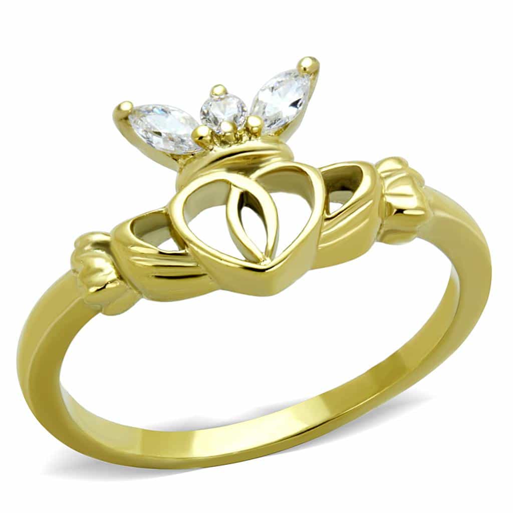 Stainless Steel Gold IP CZ Claddagh Ring | The Stainless Jewelry view 1