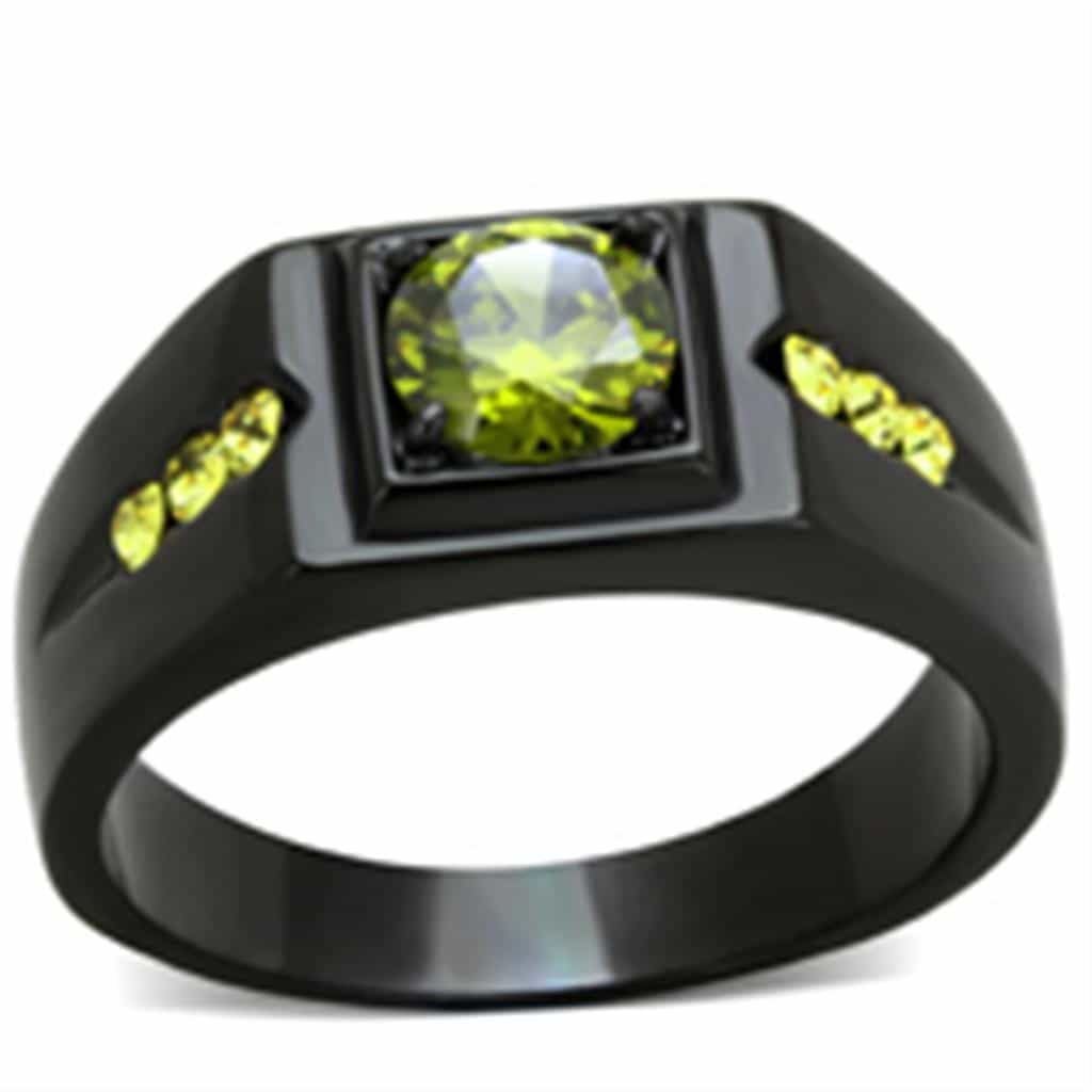 Stainless Steel Black IP Peridot Green CZ Yellow Accent Mens Ring view 5