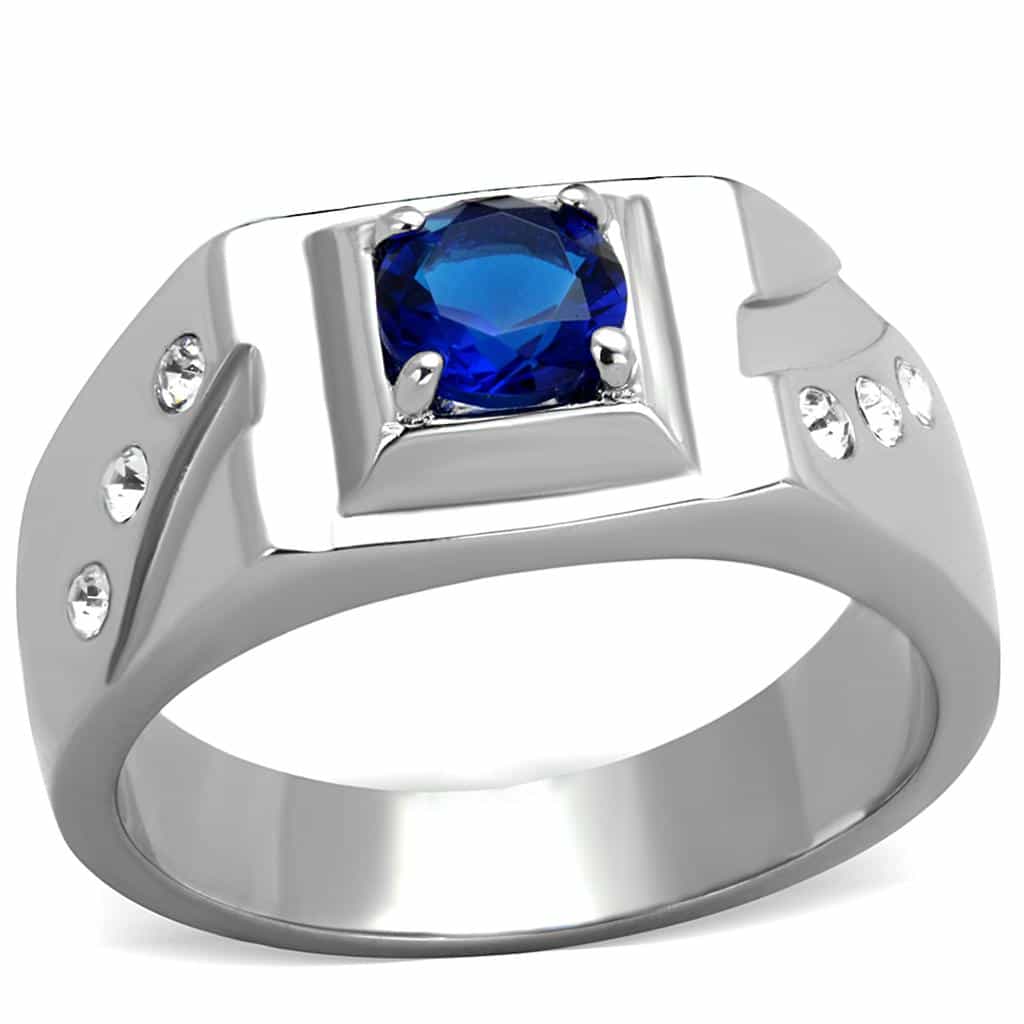 Stainless Steel Blue Sapphire Oval Bezel Mens Signet Ring view 1