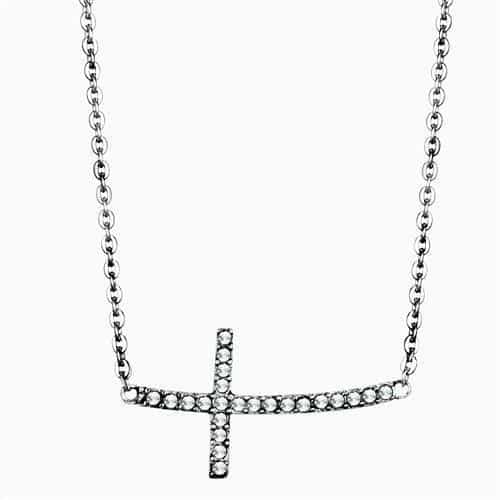 Stainless Steel CZ Sideways Cross Pendant Necklace view 1