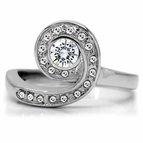 Stainless Steel CZ Round Bezel Swirl Bypass Ring view 3
