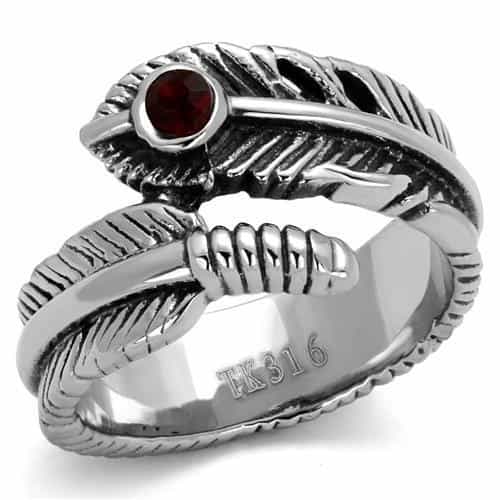 Stainless Steel Feather Wrap Red Garnet Eye Ring view 1