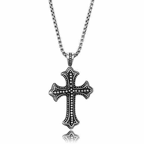 Stainless Steel Beaded Ornate Cross Pendant Necklace view 1