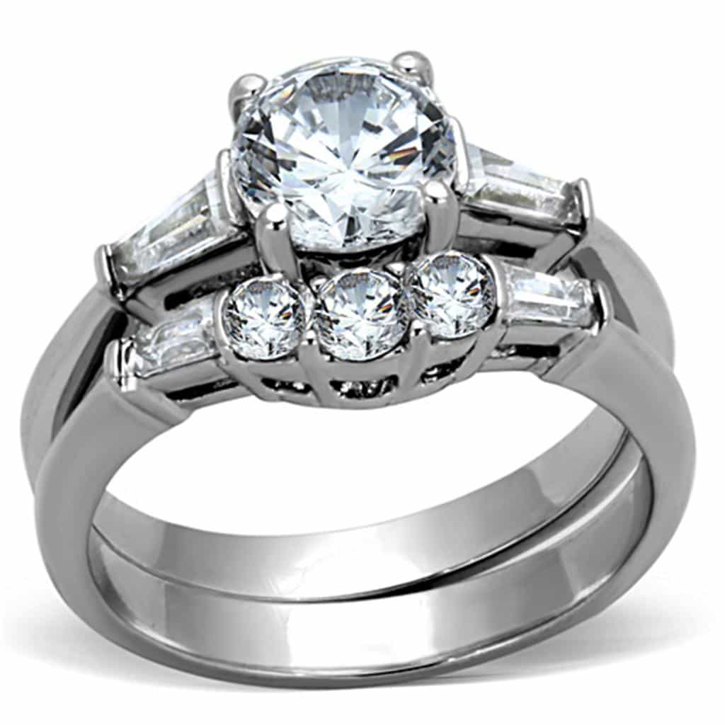 Stainless Steel CZ Round Baguette Side Bridal Set Ring view 5