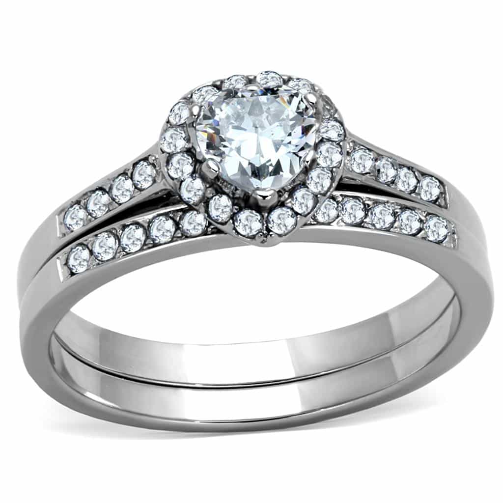 Stainless Steel CZ Heart Halo Pave Bridal Set Ring view 1