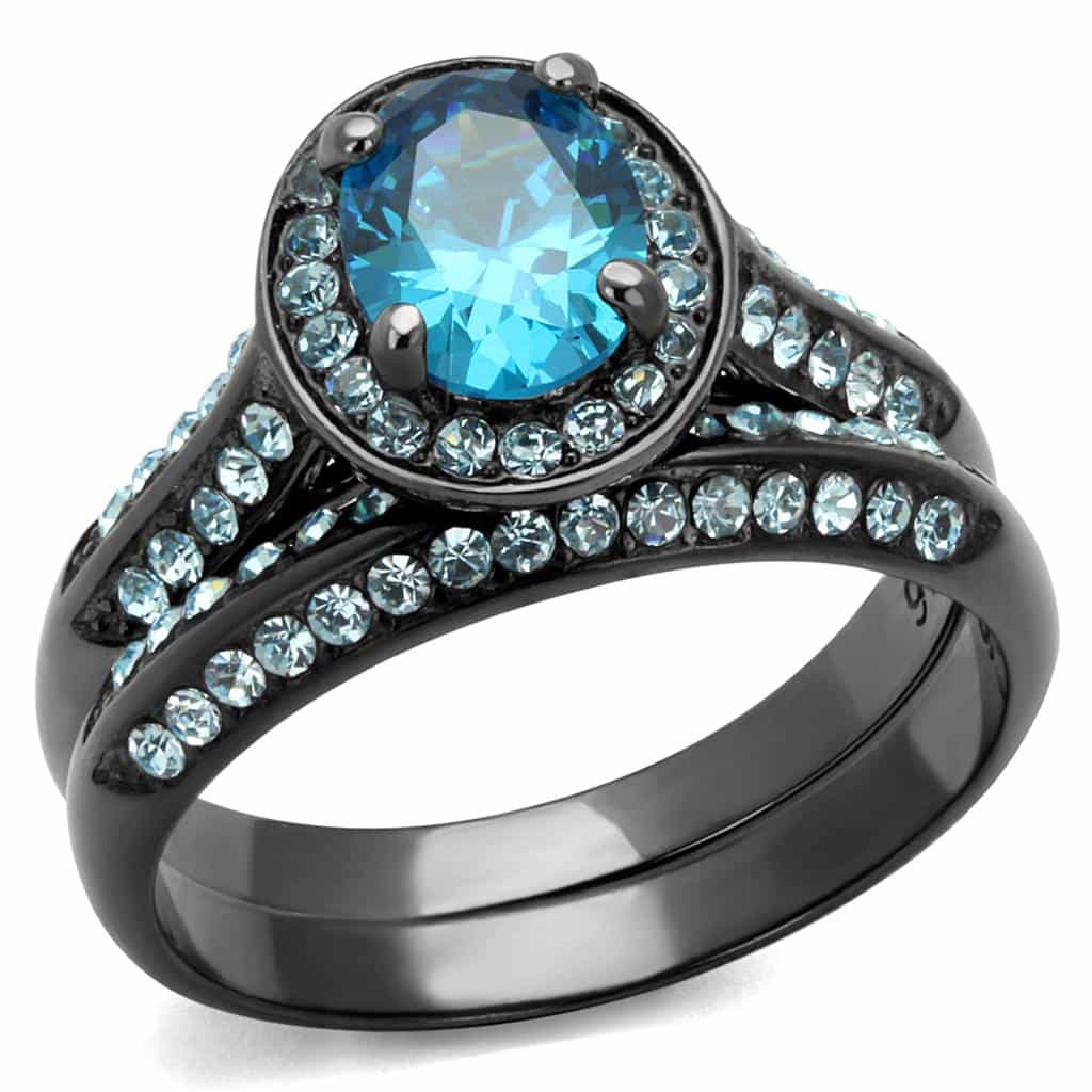 Stainless Steel Aqua Blue Oval CZ Halo Black IP Bridal Set Ring view 6