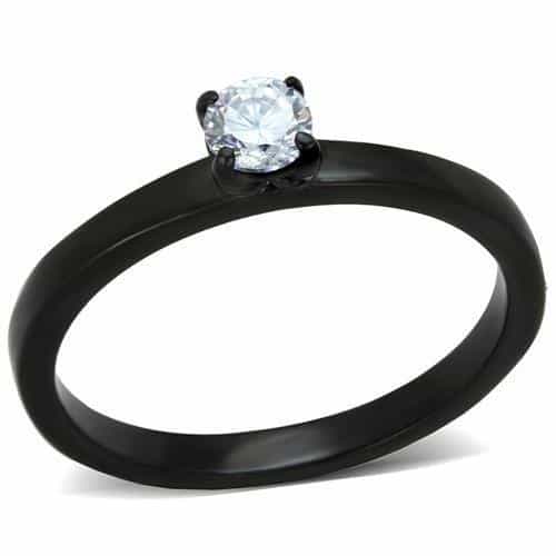 Stainless Steel Black IP CZ Round Solitaire Slim Ring view 5