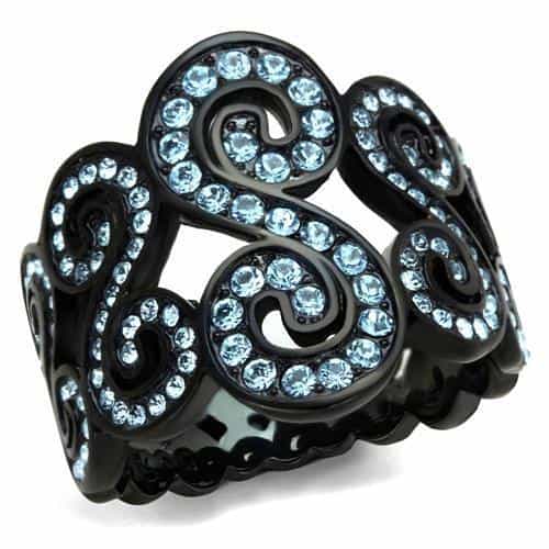 Stainless Steel Black IP Light Blue CZ Swirl Dome Ring view 1