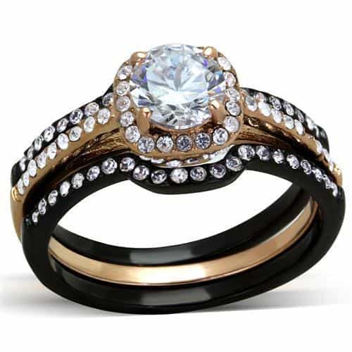Stainless Steel Two Tone Rose Gold CZ Halo Pink Channel Ring view 1