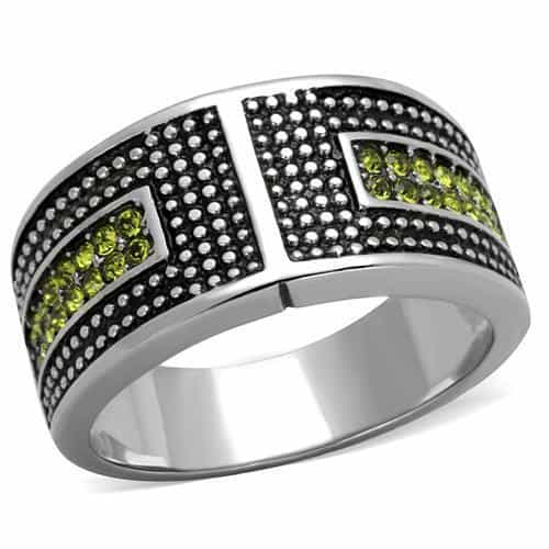 Stainless Steel Olive Green CZ Grid Panel Wide Mens Band Ring view 1