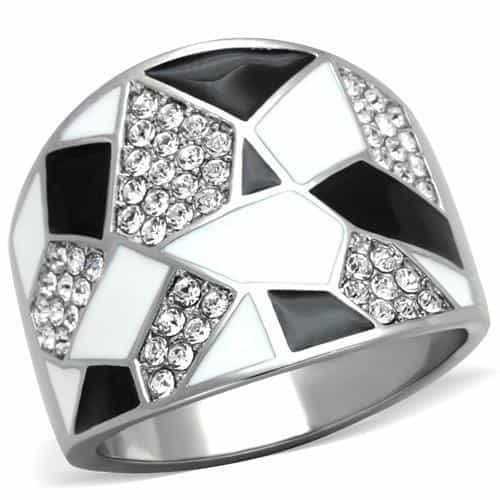 Stainless Steel White Black Enamel Geometric Mosaic CZ Pave Ring view 1