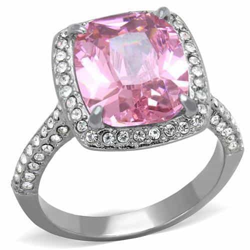 Stainless Steel Pink Cushion CZ Double Halo Pave Ring view 1