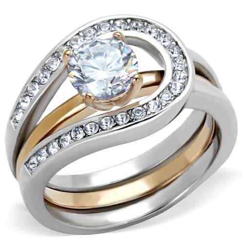 Stainless Steel CZ Round Halo Swirl Two Tone Bridal Set Ring view 1