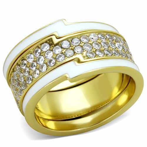 Stainless Steel Gold IP White Enamel CZ Pave Wide Band Ring view 1
