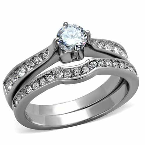Stainless Steel CZ Round Halo Cathedral Bridal Ring view 1