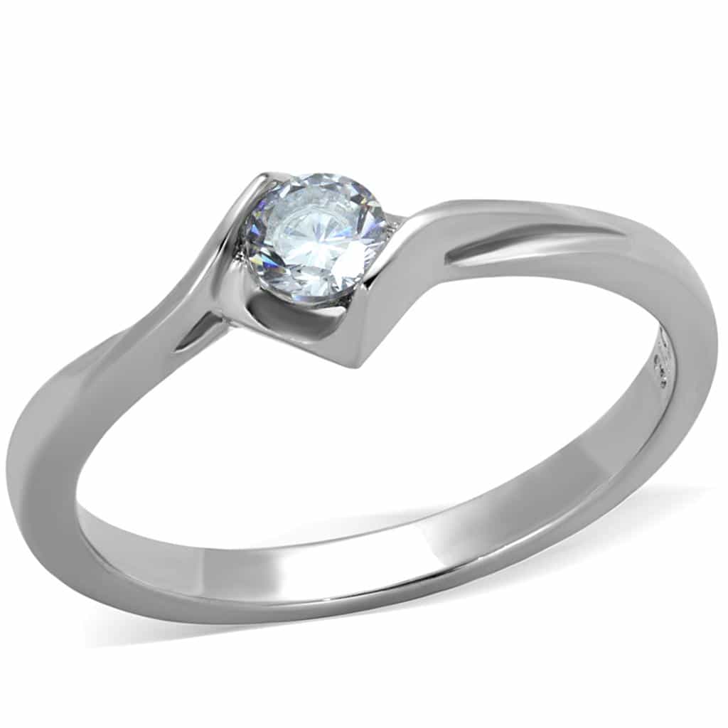 Stainless Steel CZ Round Solitaire Tension Bypass Slim Ring view 1