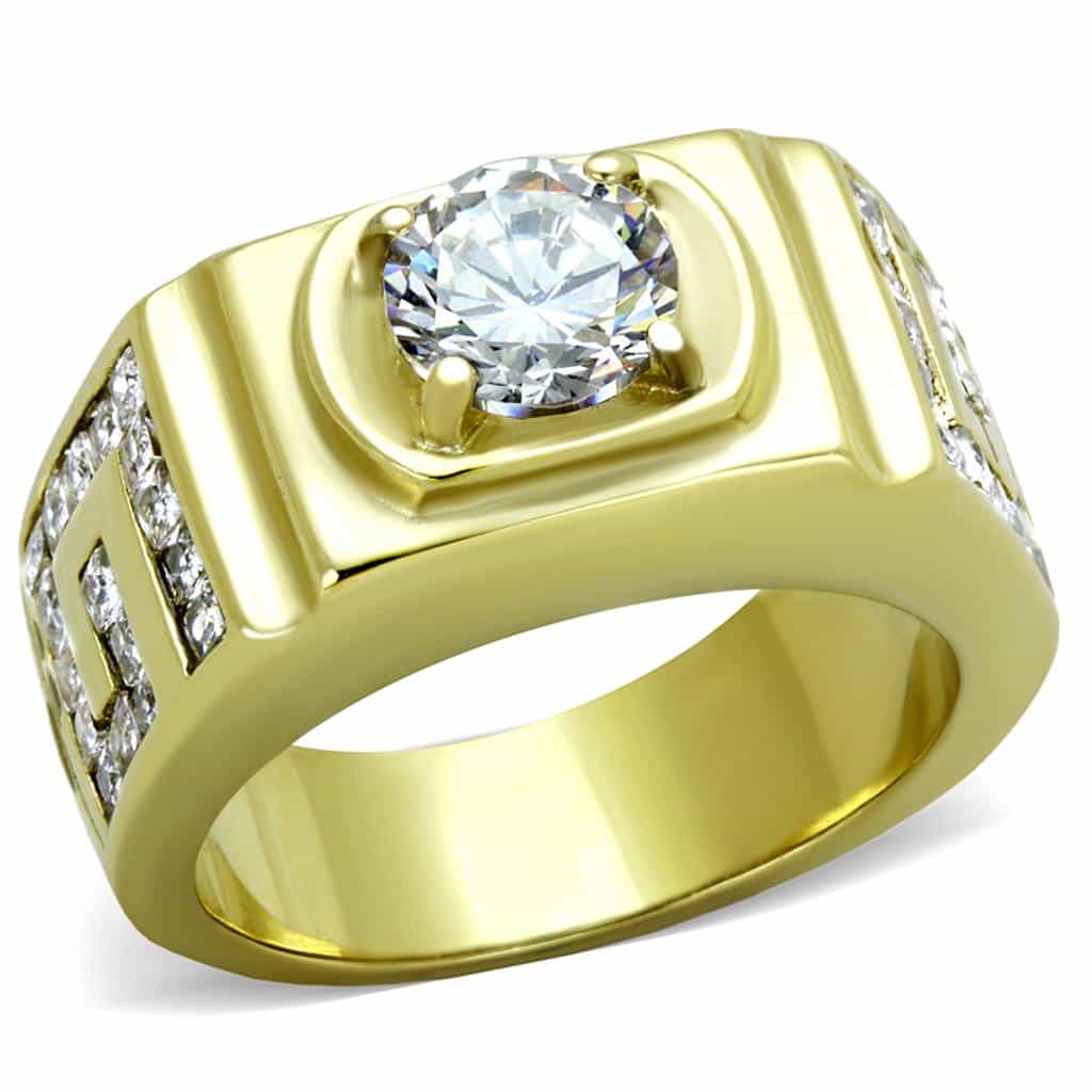Stainless Steel Gold IP CZ Round Square Bezel Pave Mens Ring view 5