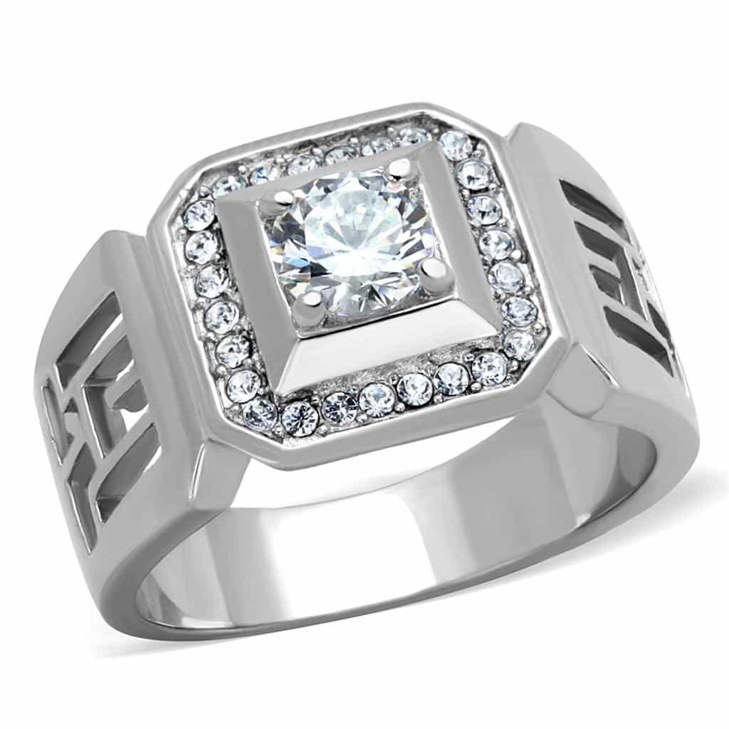 Stainless Steel CZ Princess Bezel Greek Key Mens Signet Ring view 1