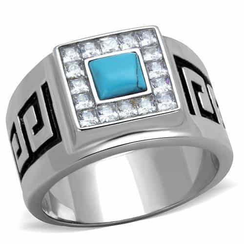 Stainless Steel Turquoise Square Greek Key Mens Signet Ring view 5