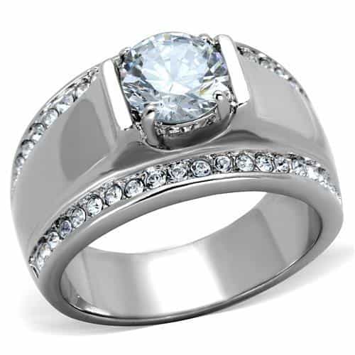 Stainless Steel CZ Round Halo Channel Wide Mens Ring view 5