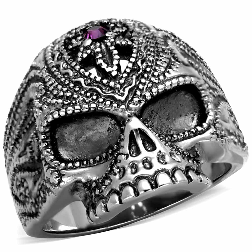 Stainless Steel Skull Ornate Crown Purple Eye Ring view 1