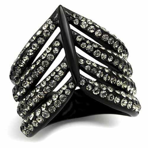Stainless Steel CZ Chevron V Pave Wide Black IP Ring view 1