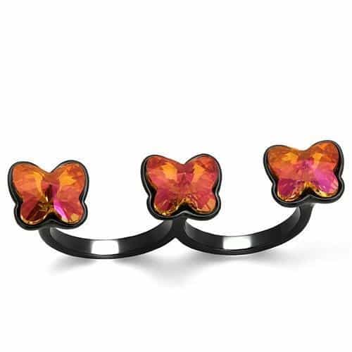 Stainless Steel Black IP Orange Butterfly Crystal Double Ring view 1