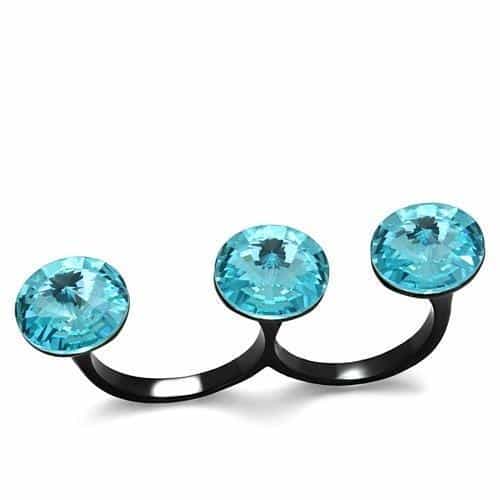 Stainless Steel Black IP Aqua Blue Round Crystal Double Open Ring view 1