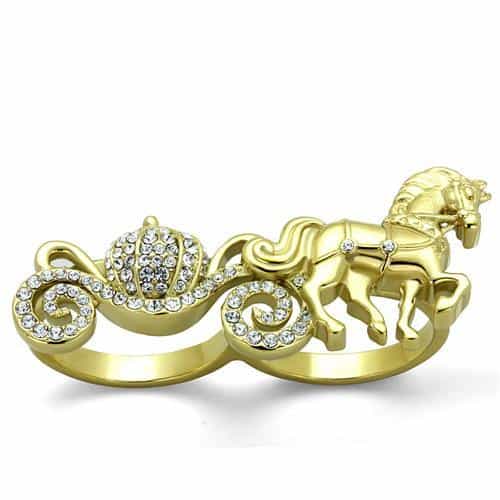 Stainless Steel Gold IP Horse Galloping CZ Pave Ring view 1