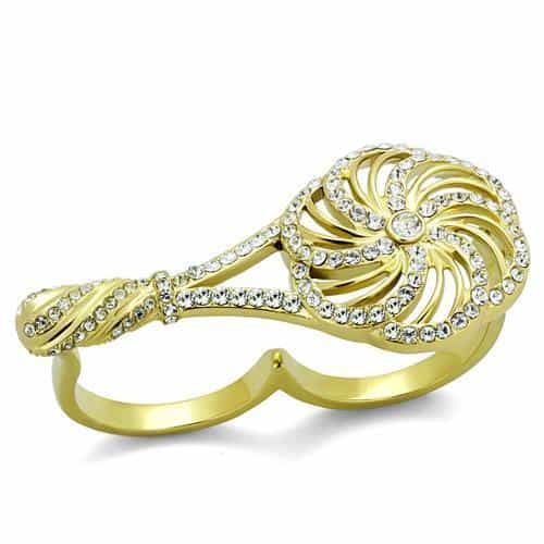 Stainless Steel Gold IP CZ Wave Swirl Pave Double Finger Ring view 1