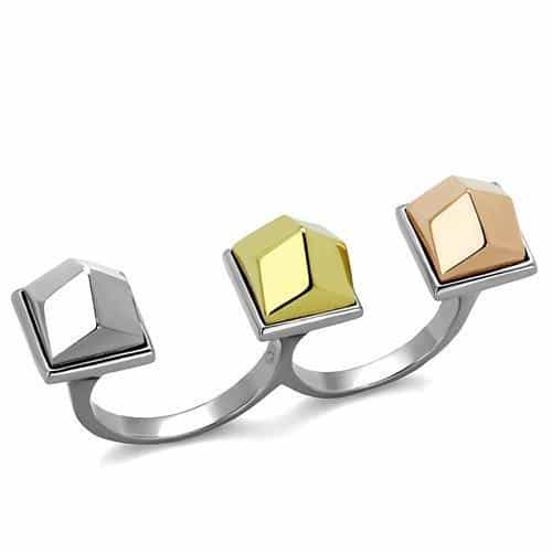 Stainless Steel Tri Color Cube Geometric Open Cuff Ring view 1