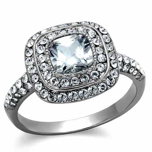 Stainless Steel CZ Cushion Double Halo Pave Ring view 5