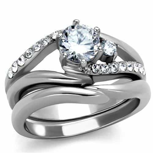 Stainless Steel CZ Round Solitaire Crossover Pave Bridal Set Ring view 1