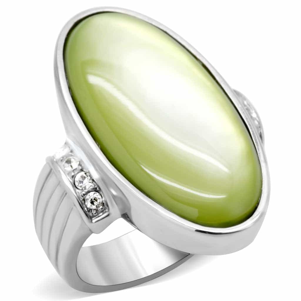 Stainless Steel Green Cats Eye Oval Cabochon CZ Accent Ring view 6