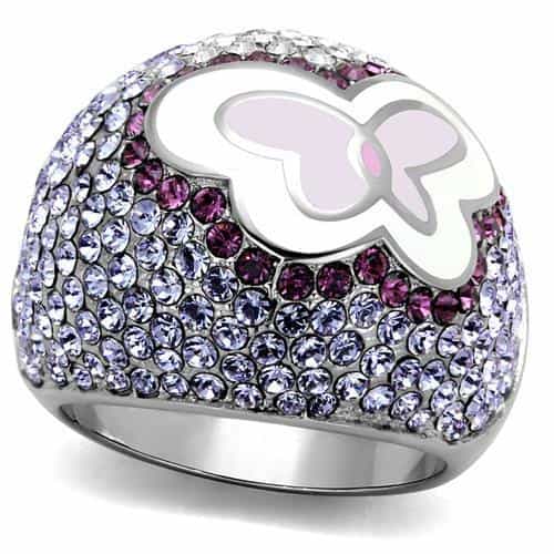 Stainless Steel White Enamel Butterfly Pink Purple Crystal Ring view 5