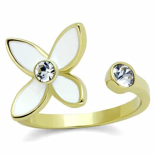 Stainless Steel Gold IP White Enamel Flower CZ Bypass Open Ring view 1