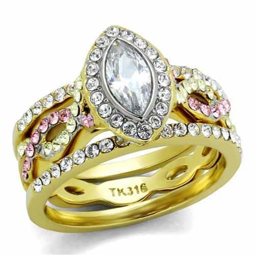 Stainless Steel Gold IP CZ Marquise Halo Pink Accent Bridal Ring view 1