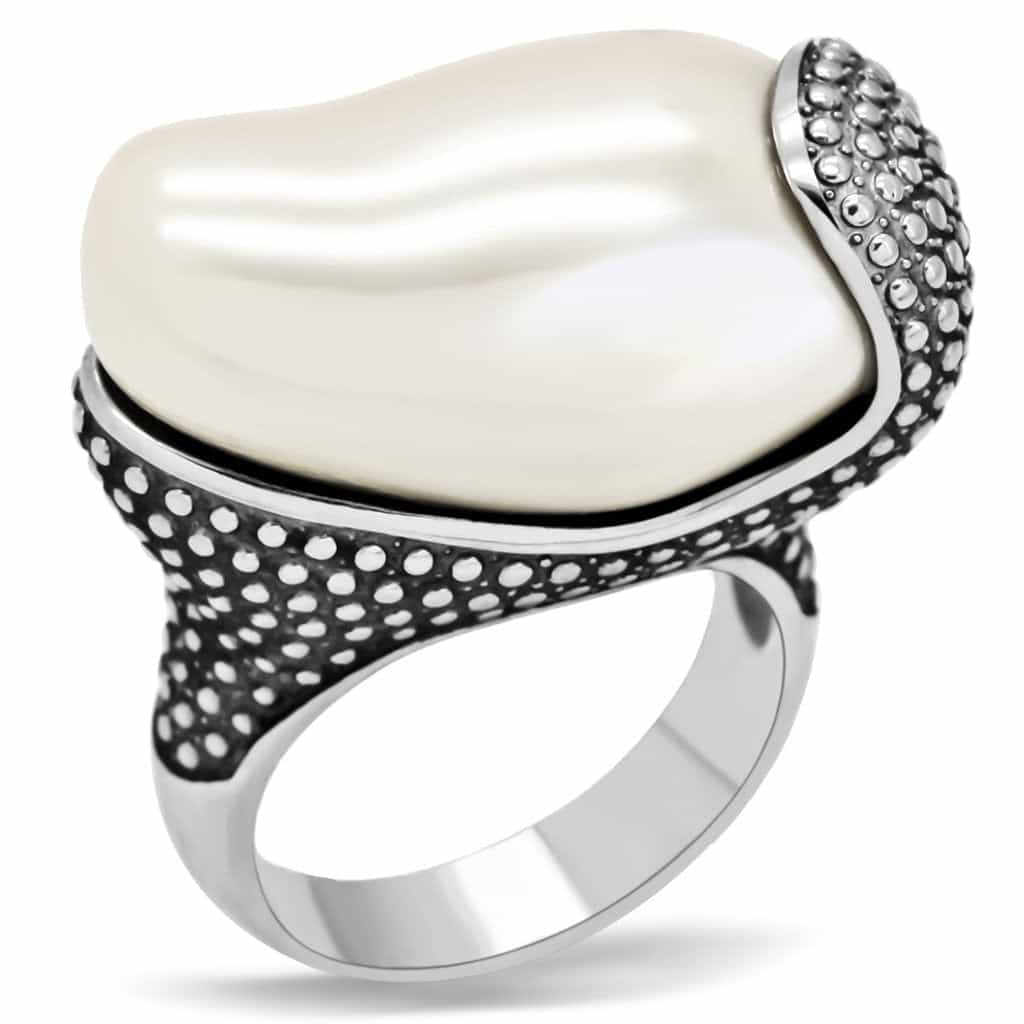 Stainless Steel Large Pearl Dome Dotted Bezel Cocktail Ring view 7