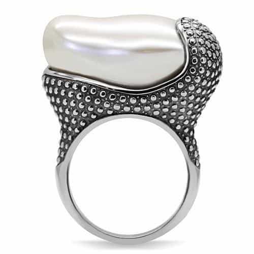 Stainless Steel Large Pearl Dome Dotted Bezel Cocktail Ring view 10