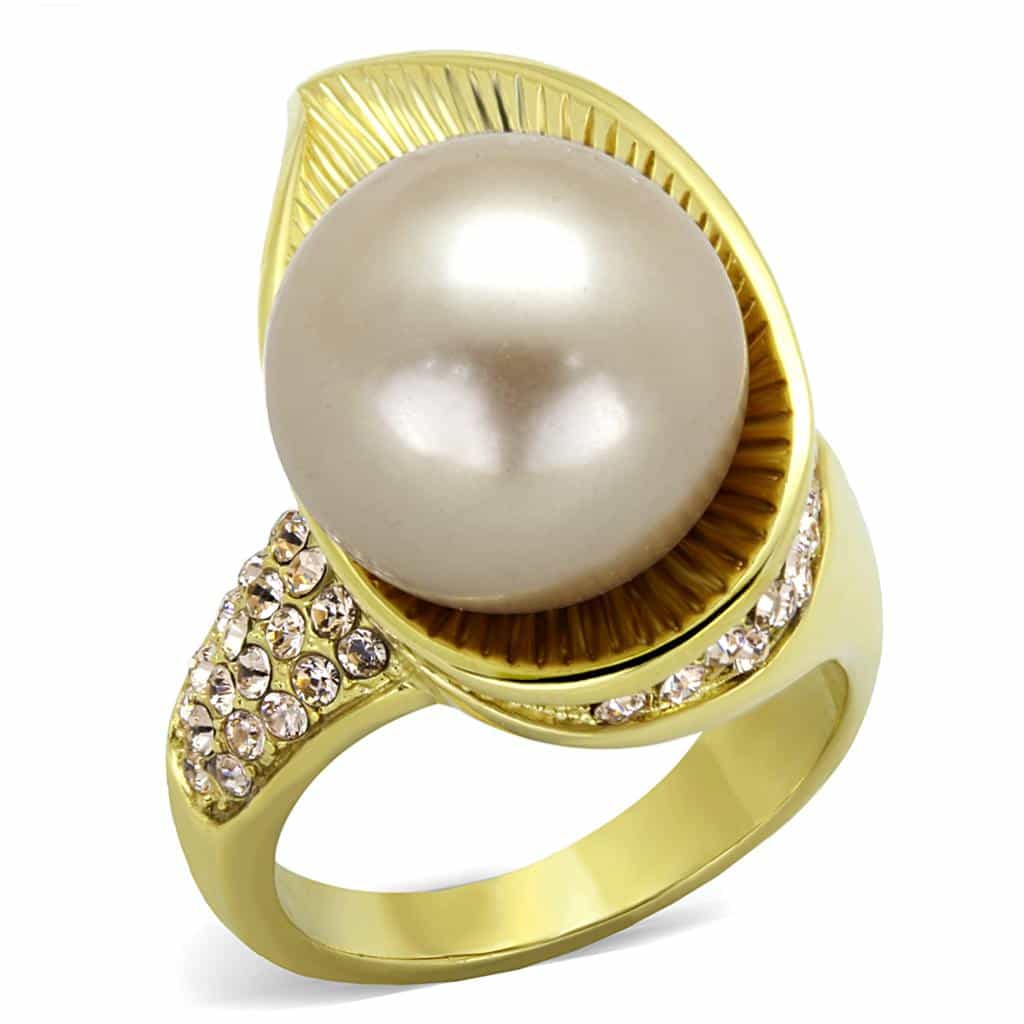 Stainless Steel Gold IP Pearl Sunburst Ribbed CZ Accent Ring view 1