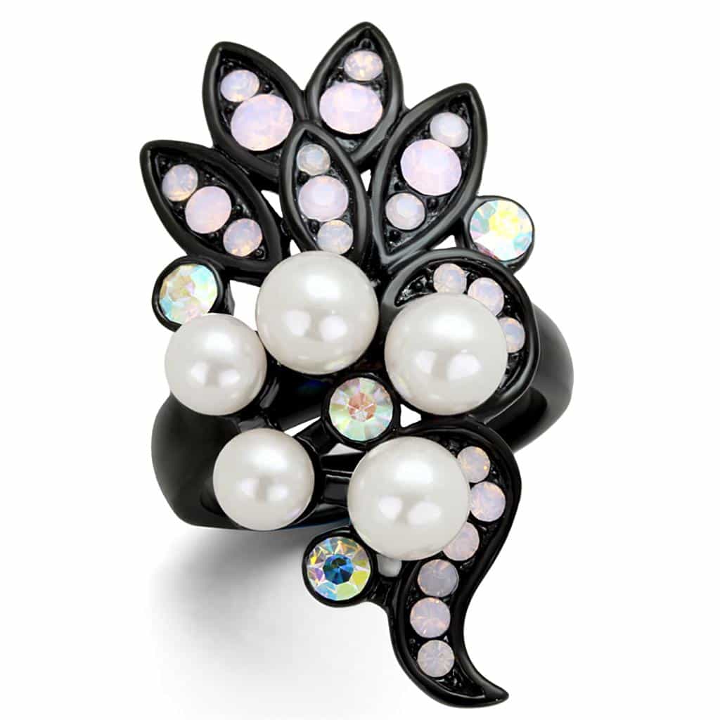 Stainless Steel Black IP Pearl Opal Leaf Cluster Ring view 1