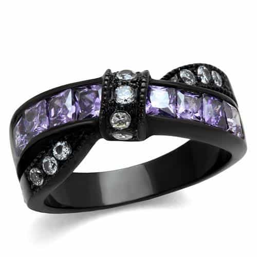 Stainless Steel Black IP Amethyst Purple Princess Channel CZ Ring view 5