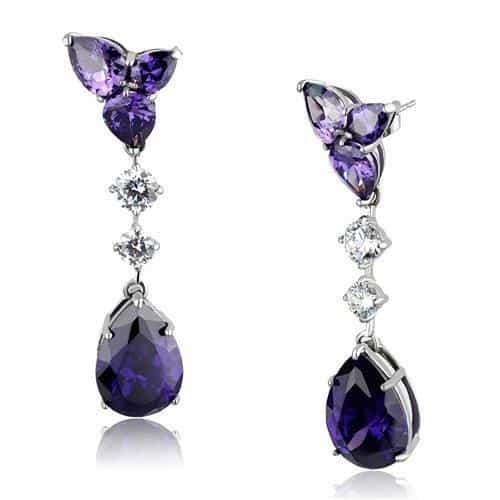 Stainless Steel Amethyst Purple Pear Trillion CZ Drop Earrings view 1