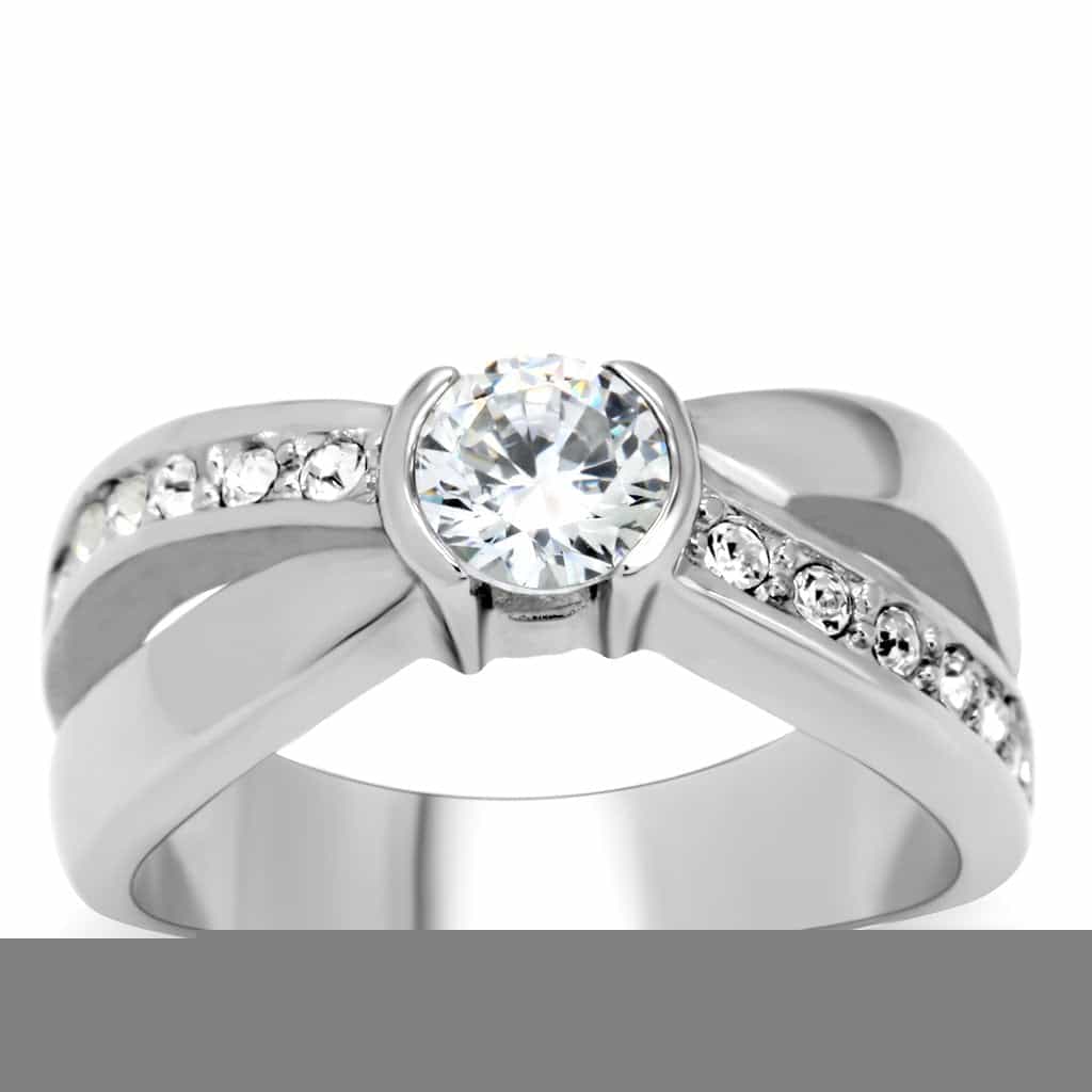 Stainless Steel CZ Round Bezel Princess Channel Ring view 1