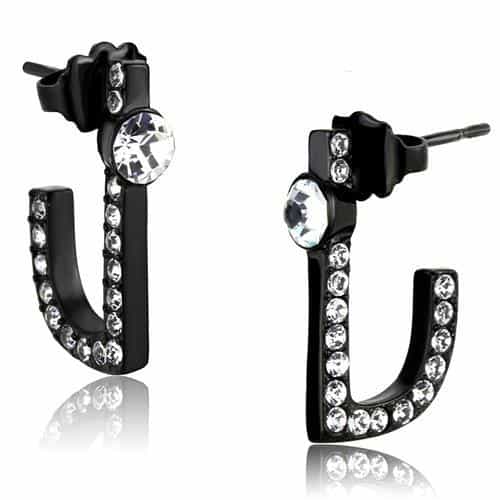 Stainless Steel Black IP CZ J Hoop Square Earrings view 1
