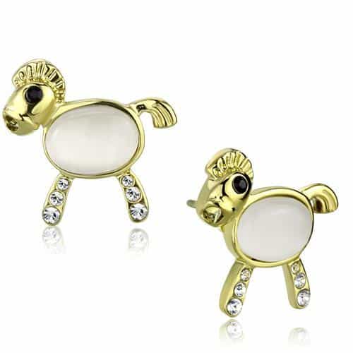 Stainless Steel Gold IP Cats Eye Horse Pony Figure Stud Earrings view 1