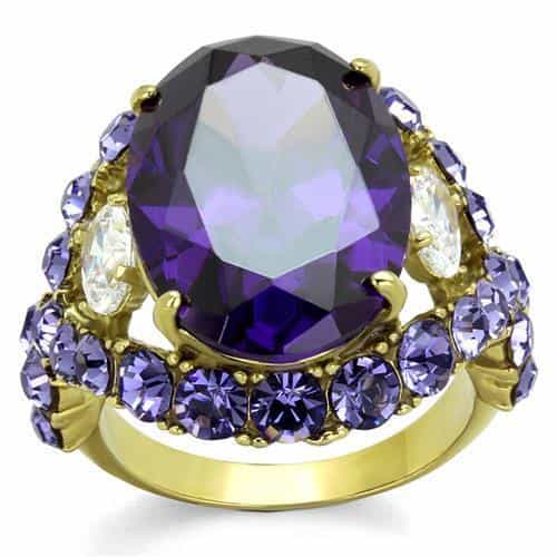 Stainless Steel Gold IP Amethyst Oval Purple Crystal Cluster Ring view 1