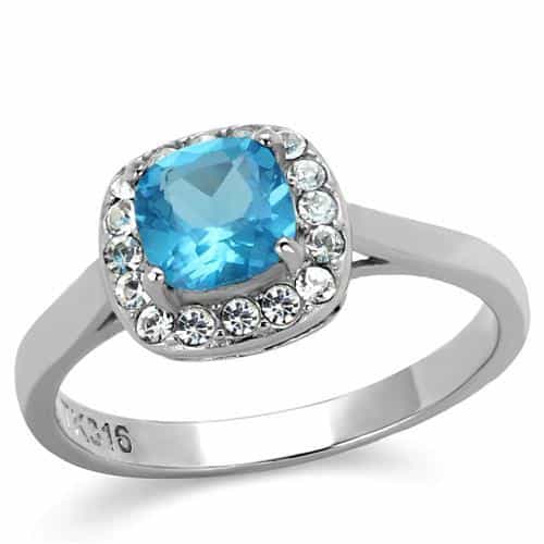 Stainless Steel Blue Topaz Cushion CZ Halo Ring view 1