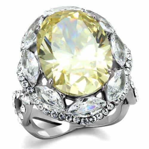 Stainless Steel Yellow Canary Oval CZ Marquise Halo Cocktail Ring view 1